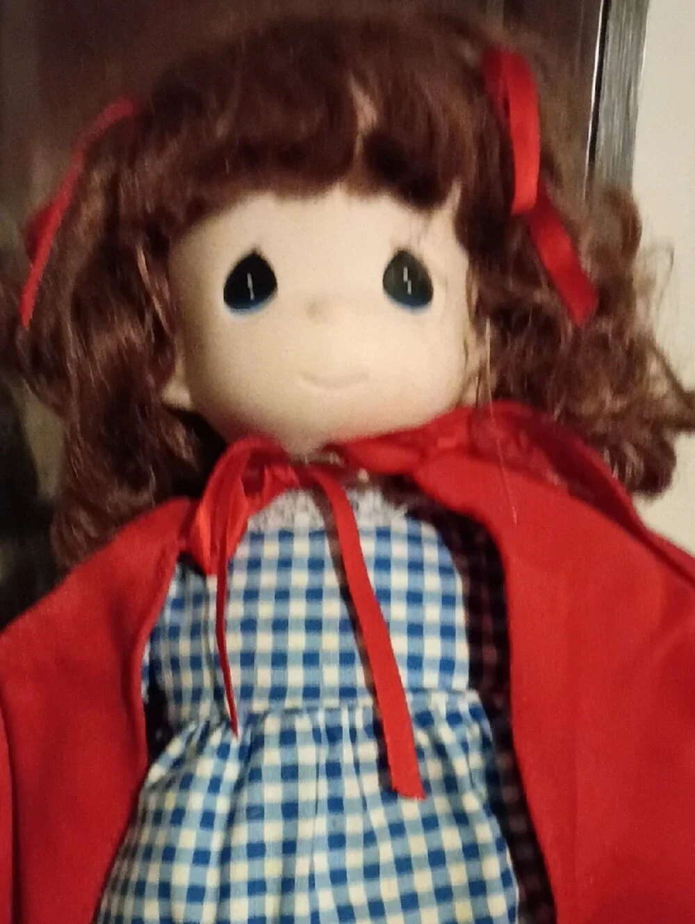 Precious Moments Red-Cape Doll with Blue Gingham Dress